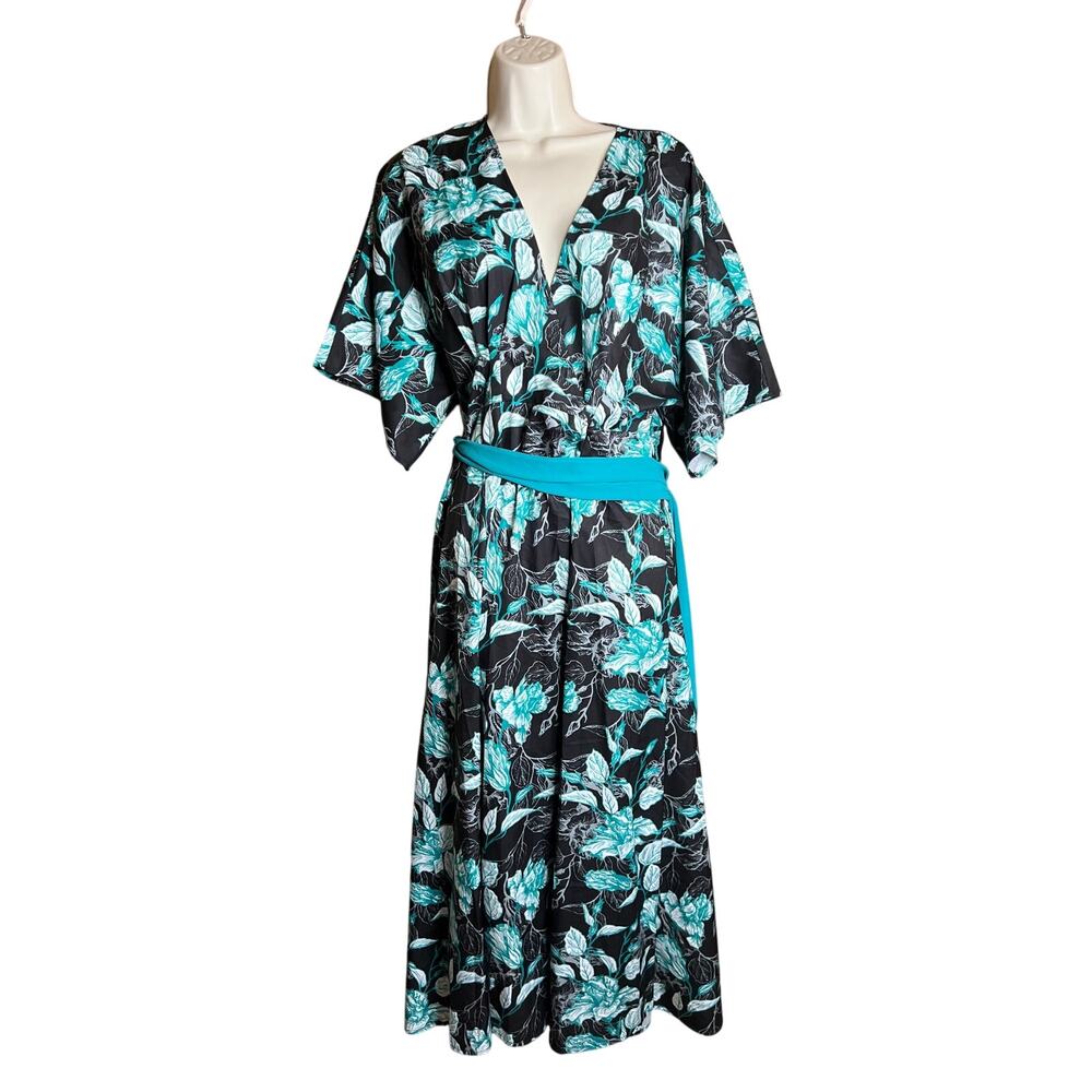 Unique Vintage Teal and Black Floral Belted Midi Dress M NWOT